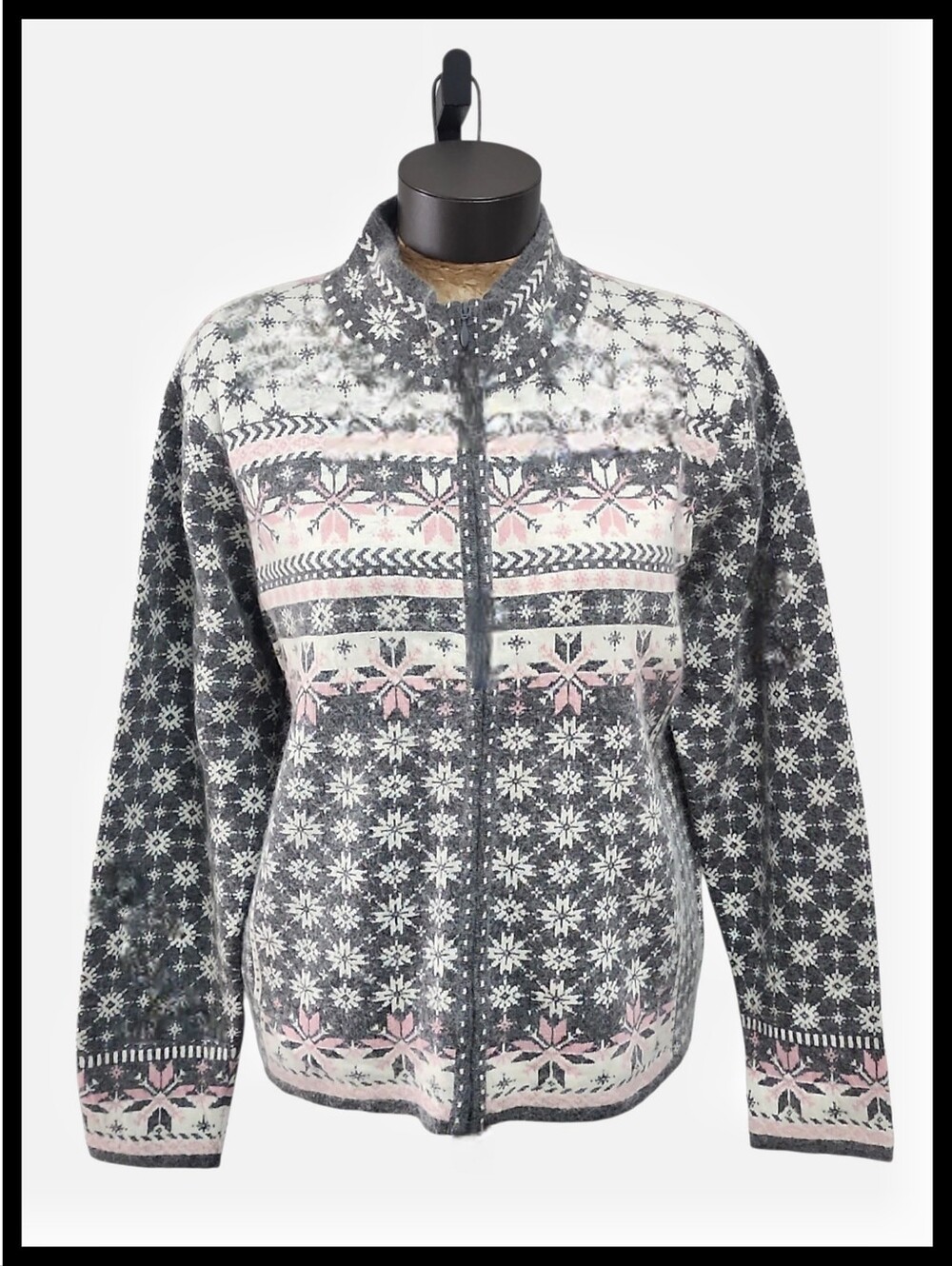 Icelandic Design Zipper Cardigan Sweater Snowflake Angora Blend Gray Pink Large